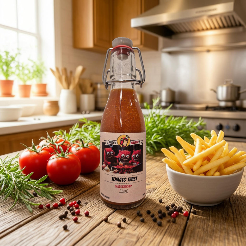 Bouteille de ketchup avec des tomates et des frites 