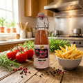 Bouteille de ketchup avec des tomates et des frites 
