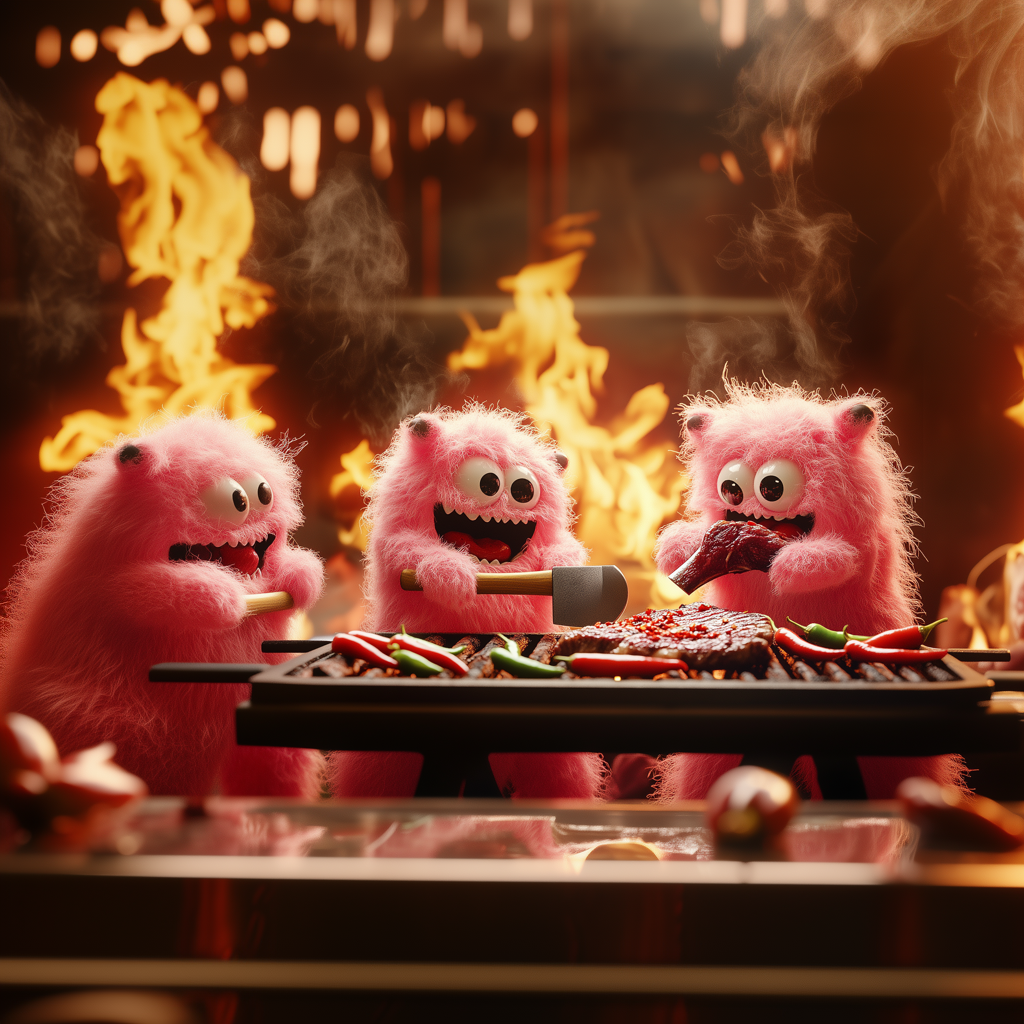 Illustration de 3 petits monstres en train de griller de la viande