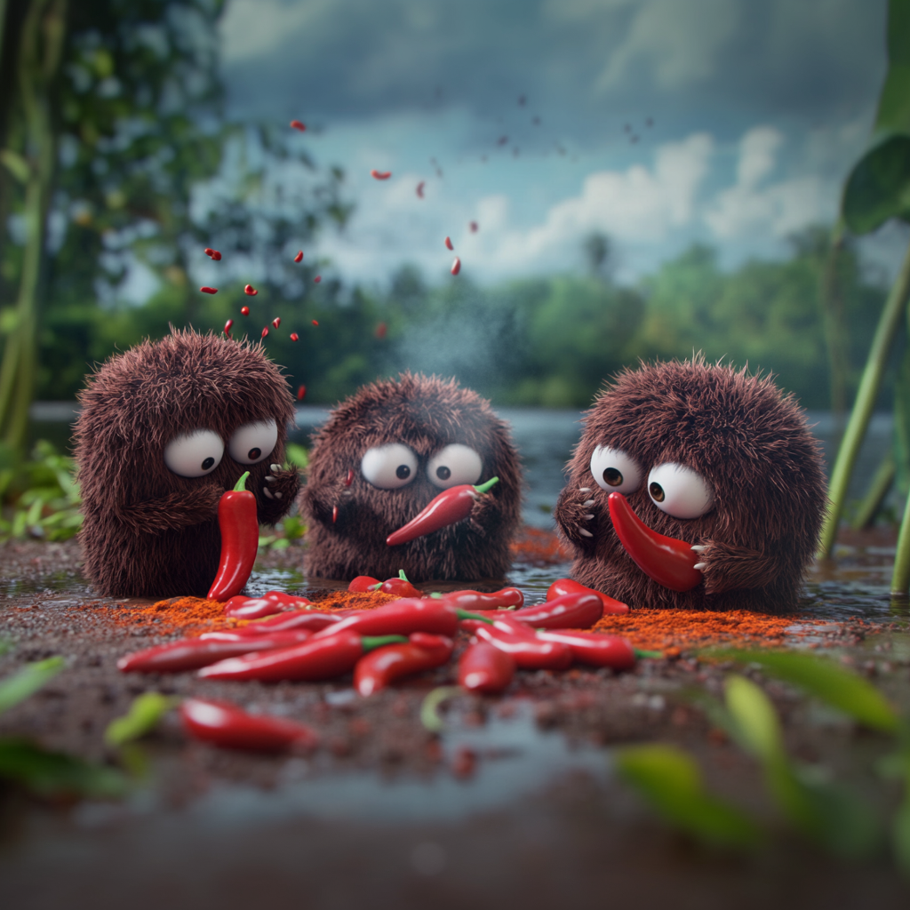 Des petits monstres poilus et mignons jouent avec des piments et de épices