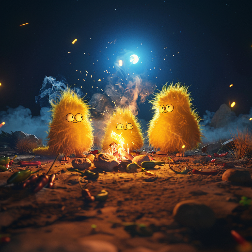 Petits personnages jaunes fluffy autour d'un feu de caml