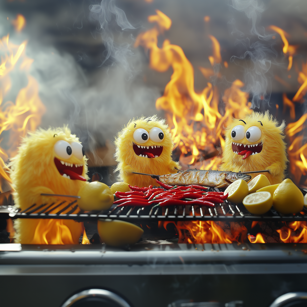 Illustration de trois petits monstres jaunes en train de griller un poisson avec du citron