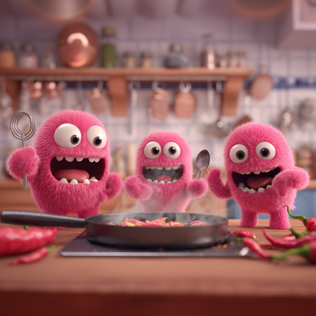 Illustration de trois petits monstres en train de cuisiner