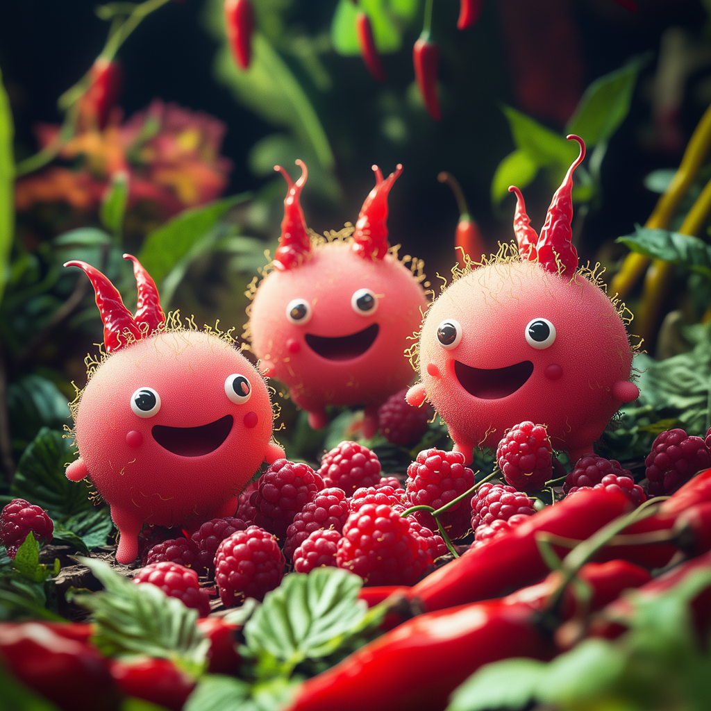 Illustration de trois petits monstres en train de cueillir des framboises