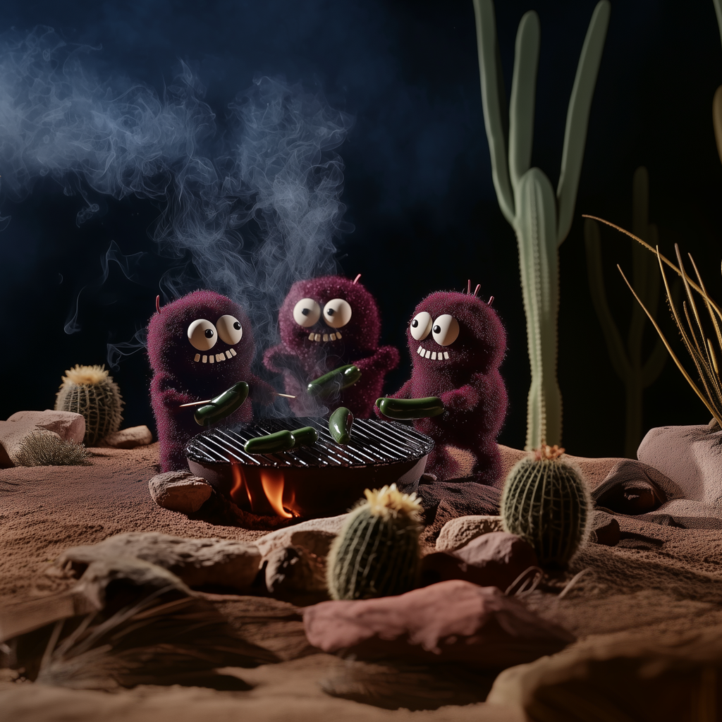 Illustration de trois petits monstres dans le désert en train de griller des piments