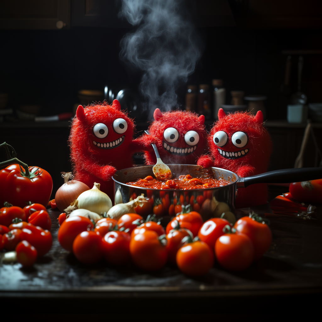 Des petits monstres cuisinent du ketchup