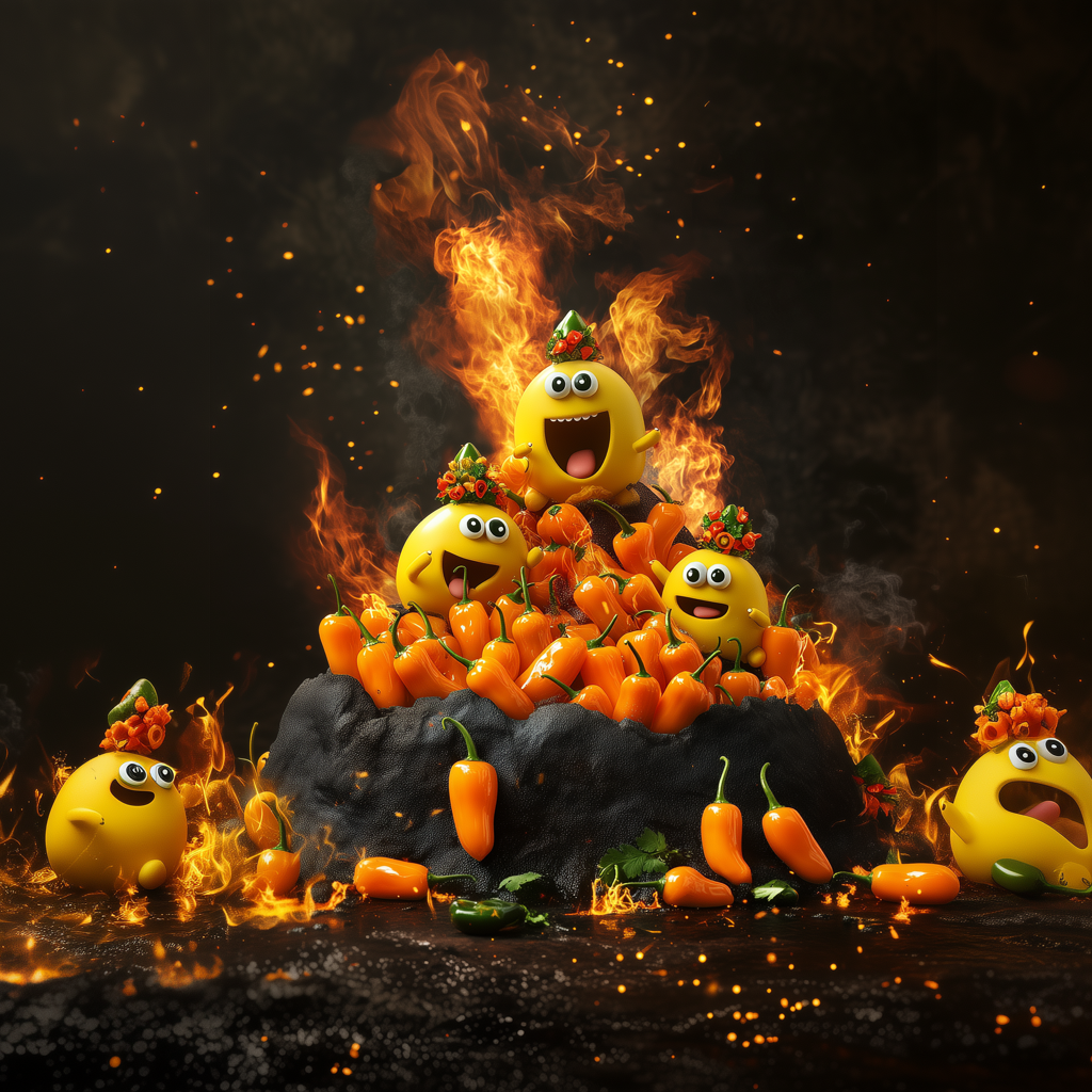 Illustration de trois petits monstres jaunes qui jaillissent d'un volcan de piments